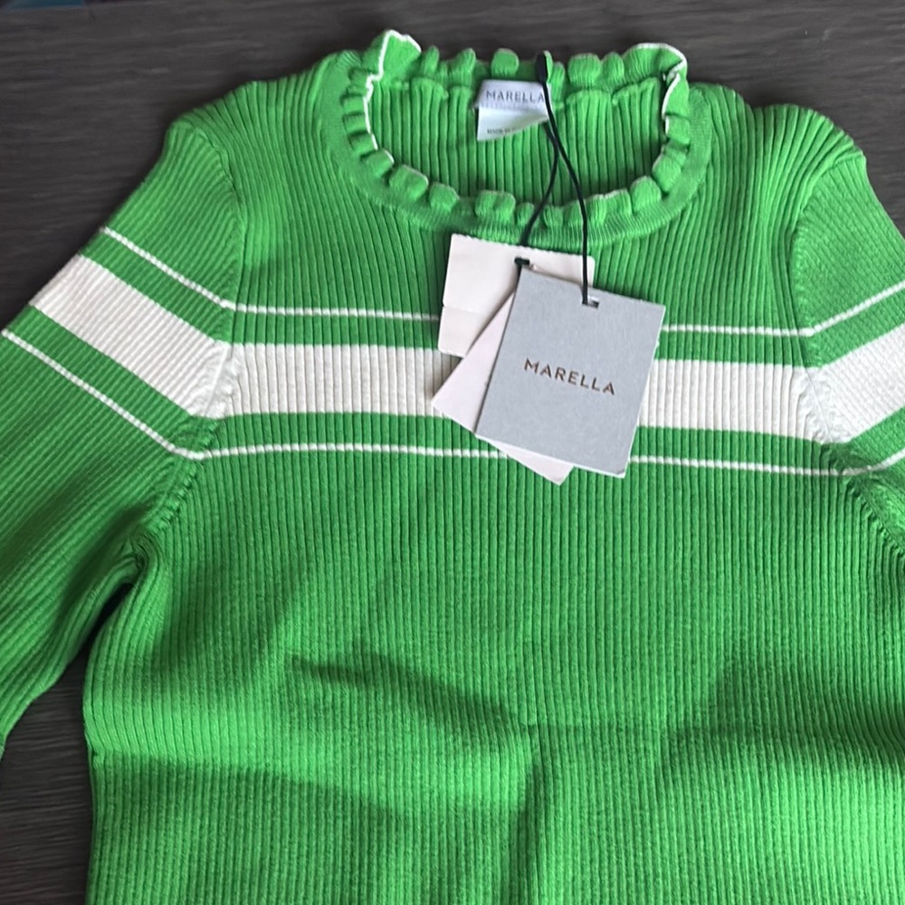 Marella Green and White Cowl Neck Sweater with Ribbed Knit